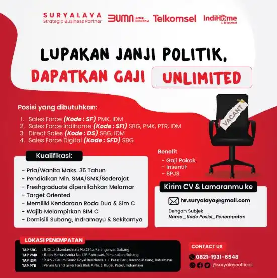 Lowongan Kerja CV Suryalaya Subang  (Distributor Telkomsel)